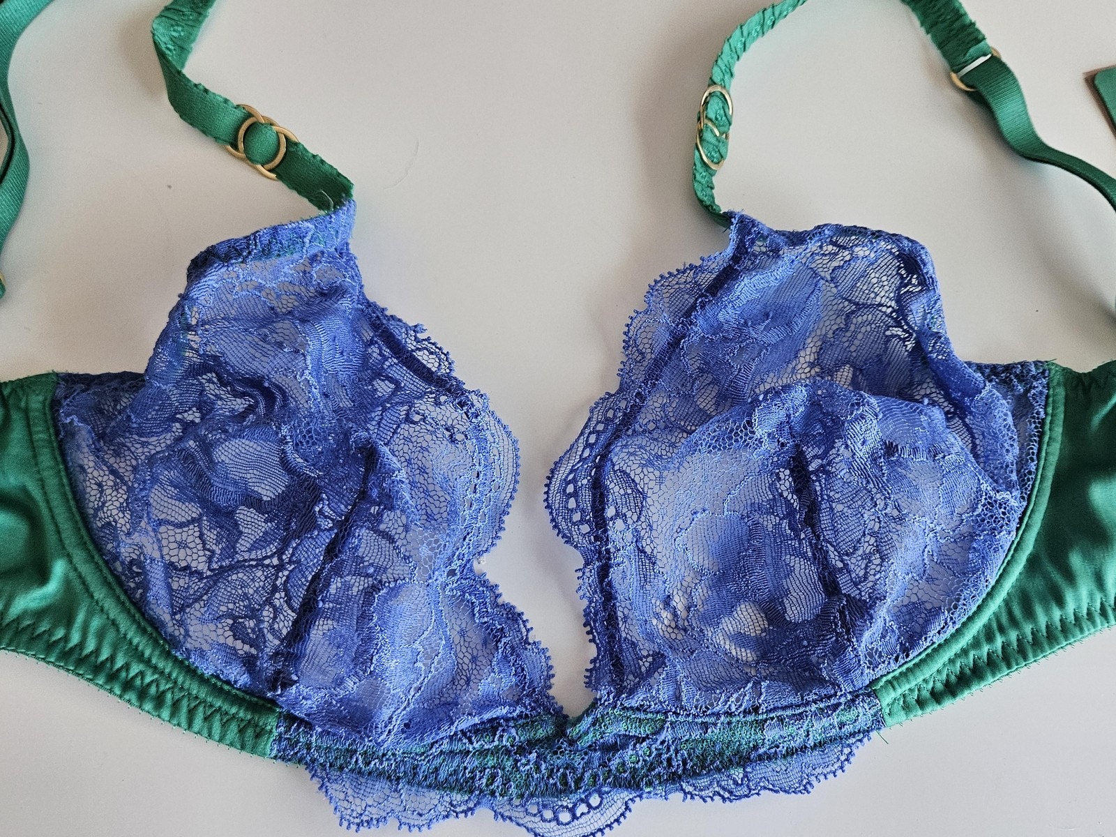 Lace Balconette Bra Womens 36c Green Blue Sheer Mesh Unlined Underwire Stretch